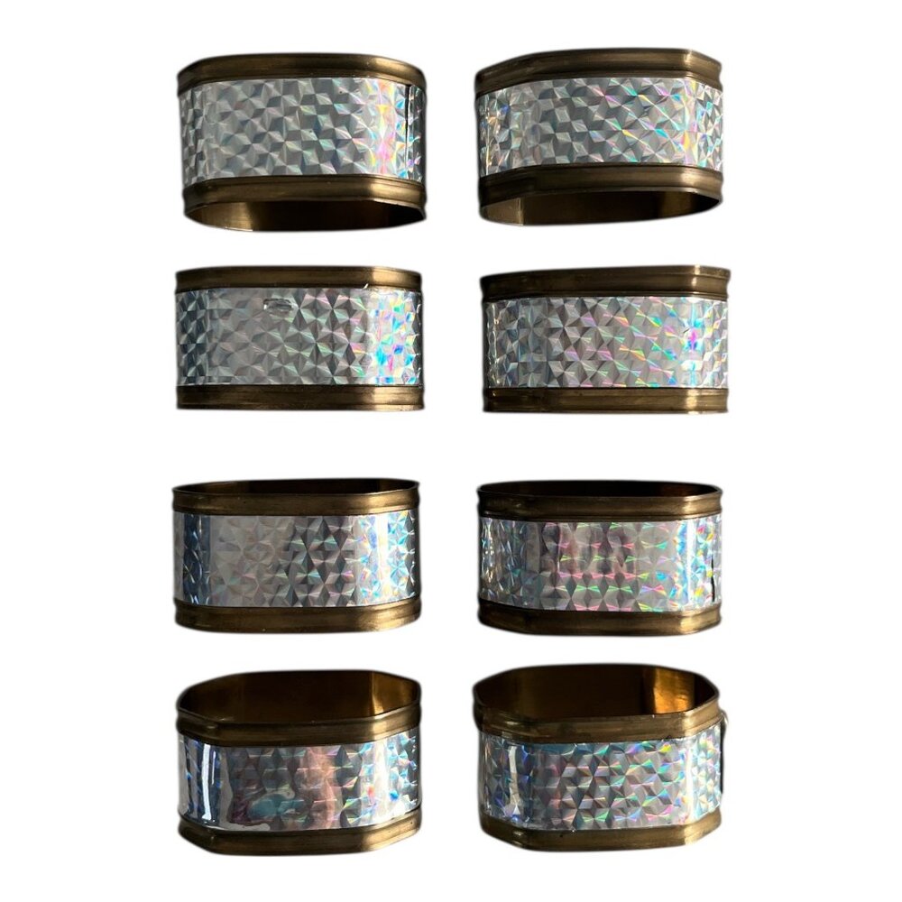 Vintage 1970s Brass Napkin Rings Iridescent Holographic Geometric Set of 8